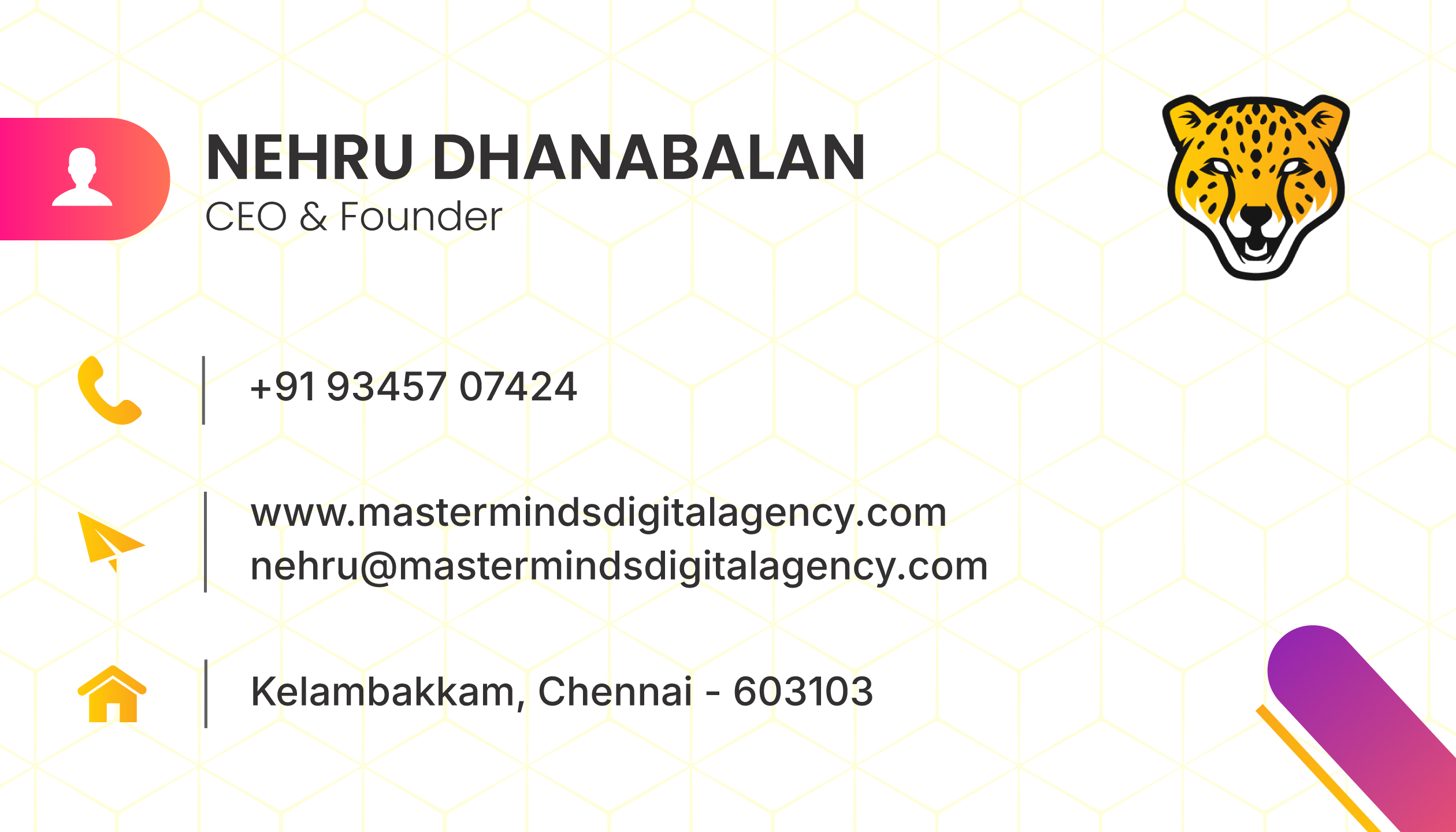 Masterminds business card — logo, services and website
